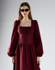 Burgundy Ruched Bust Long Sleeve Midi Dress