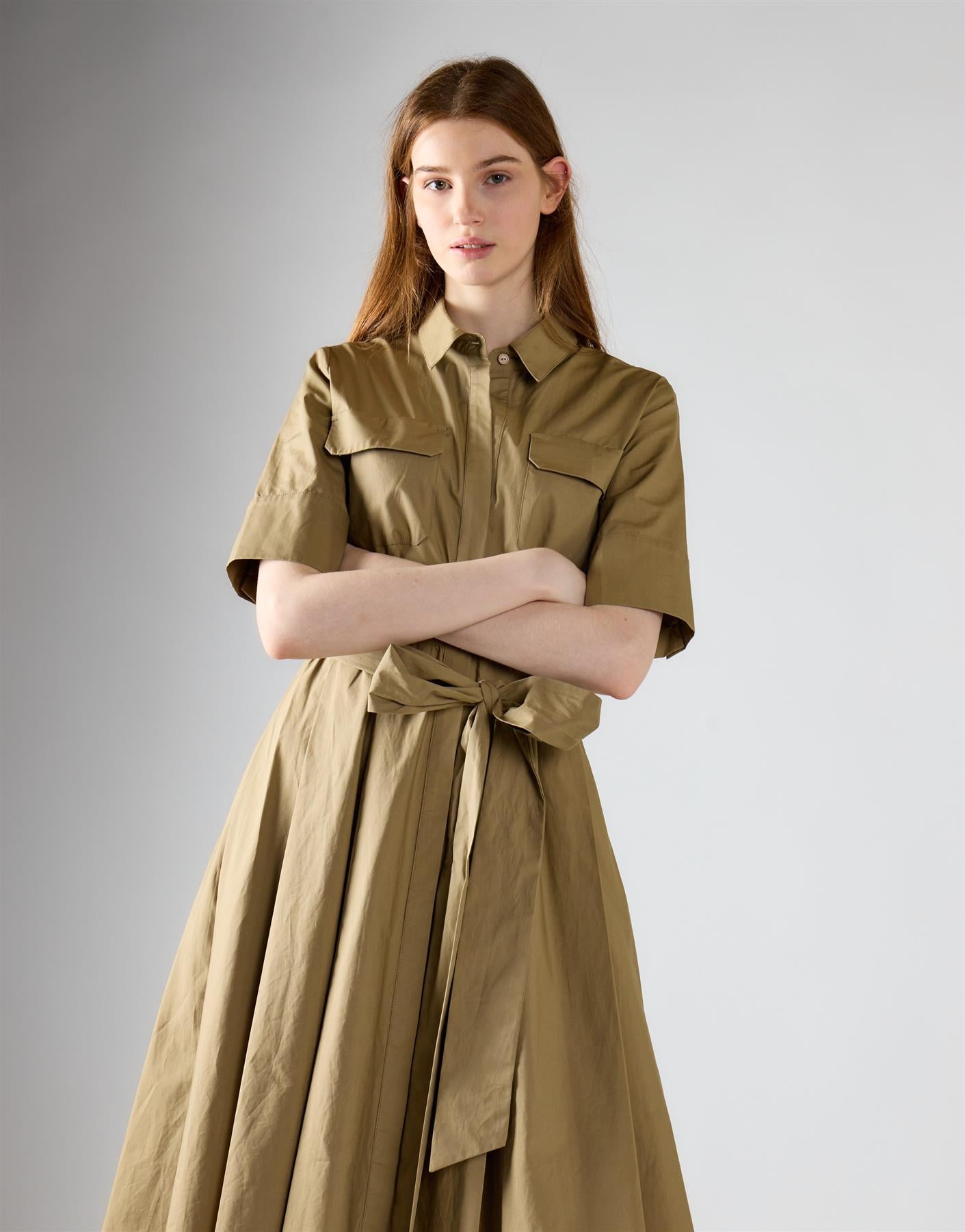 Khaki Pleated Tie Waist Maxi Dress