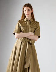 Khaki Pleated Tie Waist Maxi Dress