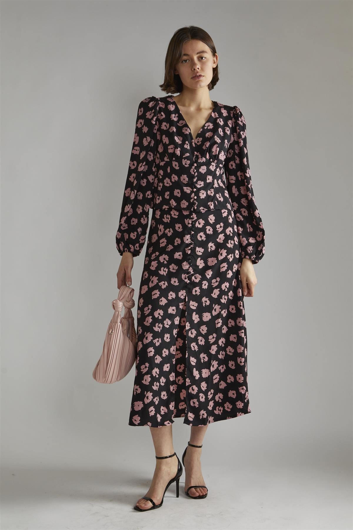 Black-Pink Splodge Button-Front Midi-Skirt