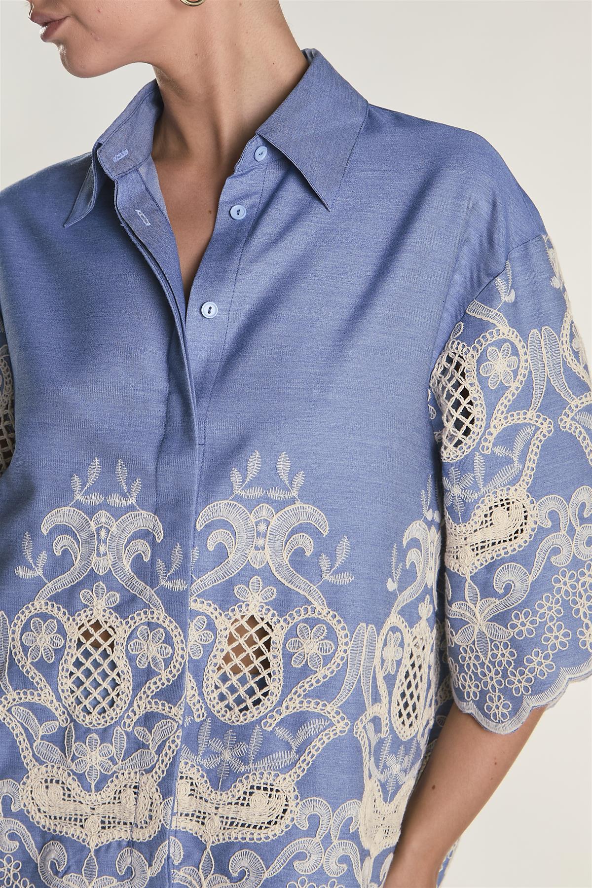 Embroidered Chambray Cropped Shirt