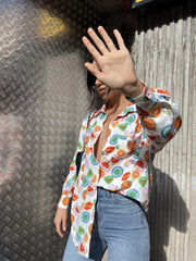 Multi-Fruit-Stickers Collared Long-Sleeve-Top