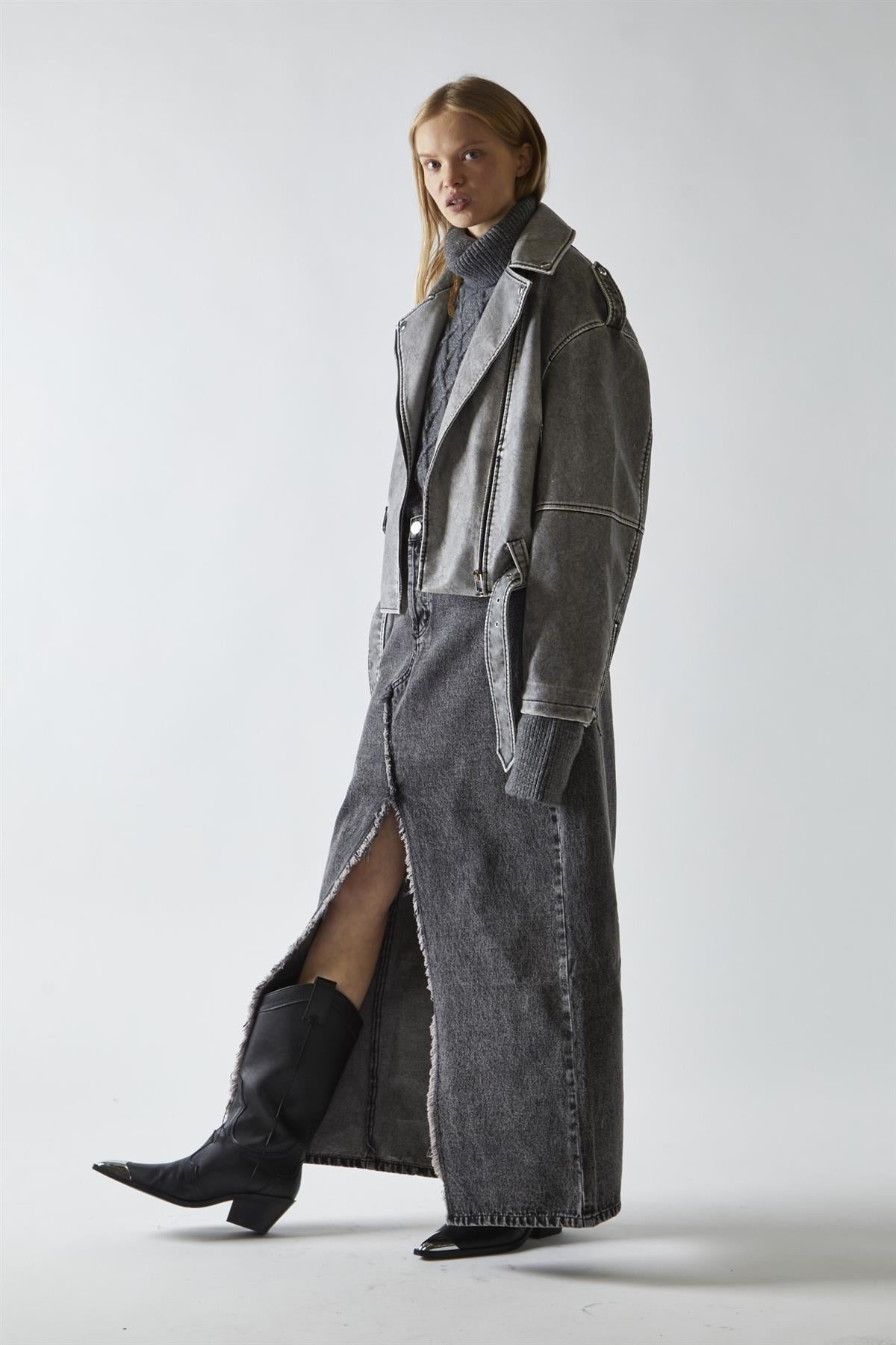 Biker Long sleeve Jacket - Grey Distressed Pu