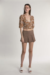 Brown-Paisley Puff-Sleeve V-Neck Crop-Top