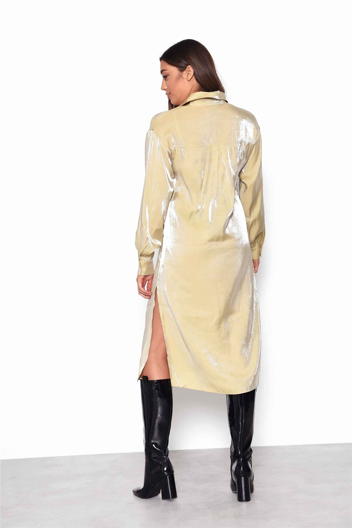Ochre Shimmer Long Sleeve Midi Shirt Dress with Side Splits