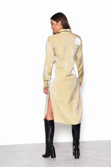 Ochre Shimmer Long Sleeve Midi Shirt Dress with Side Splits