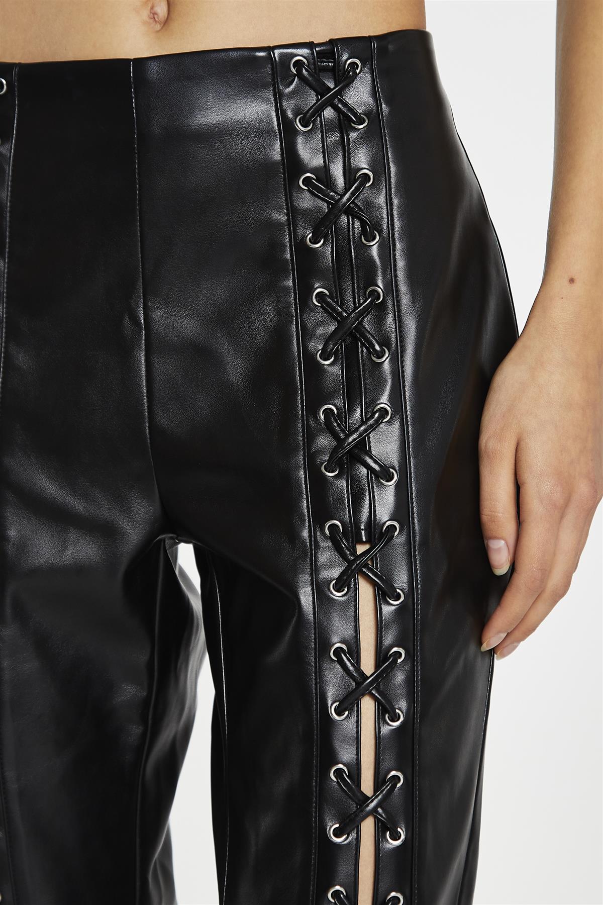 Black PU Lace-Up-Trousers