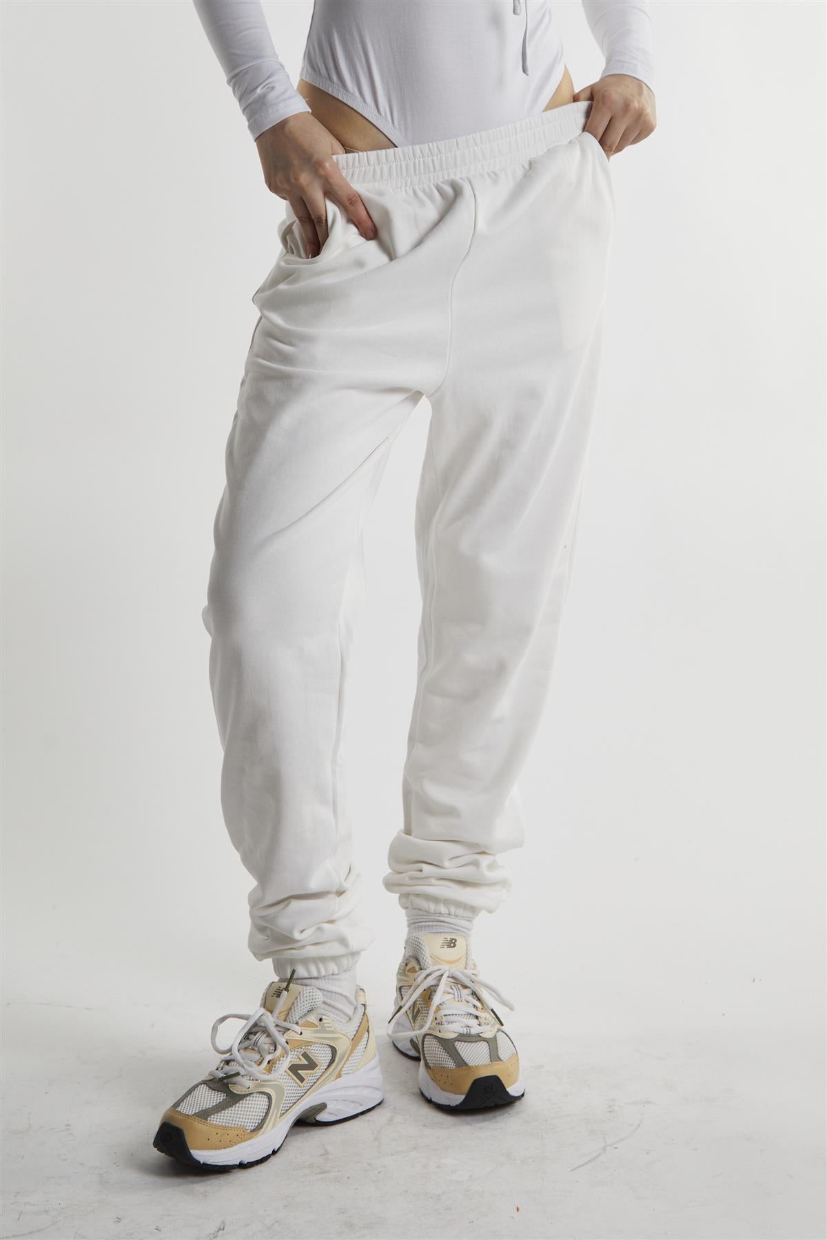White Loopback Slouchy Fit Joggers