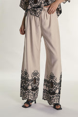 Stone Black Border Tie Waist Floaty Trousers