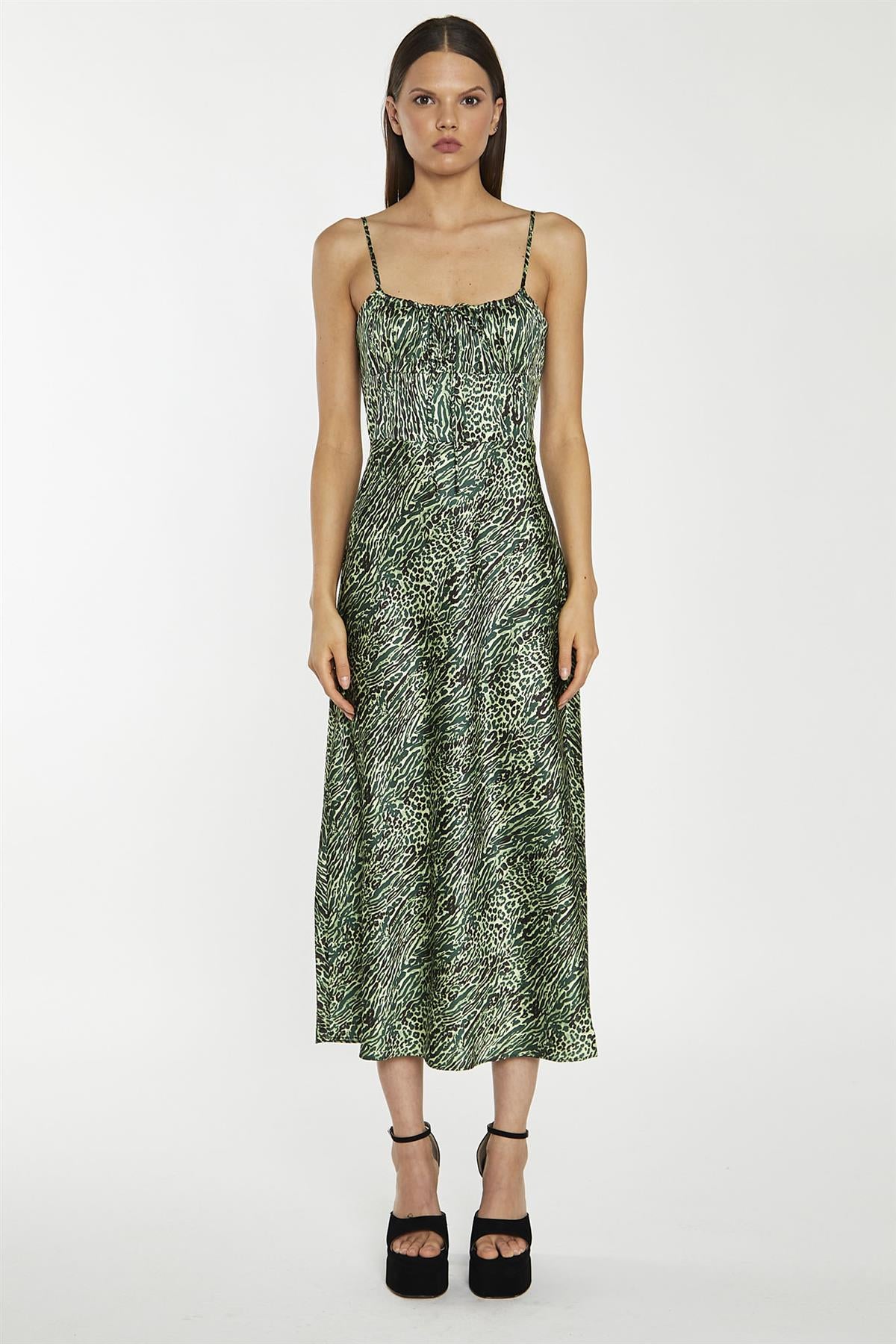Green-Black Animal Strappy Milkmaid Midi-Dress