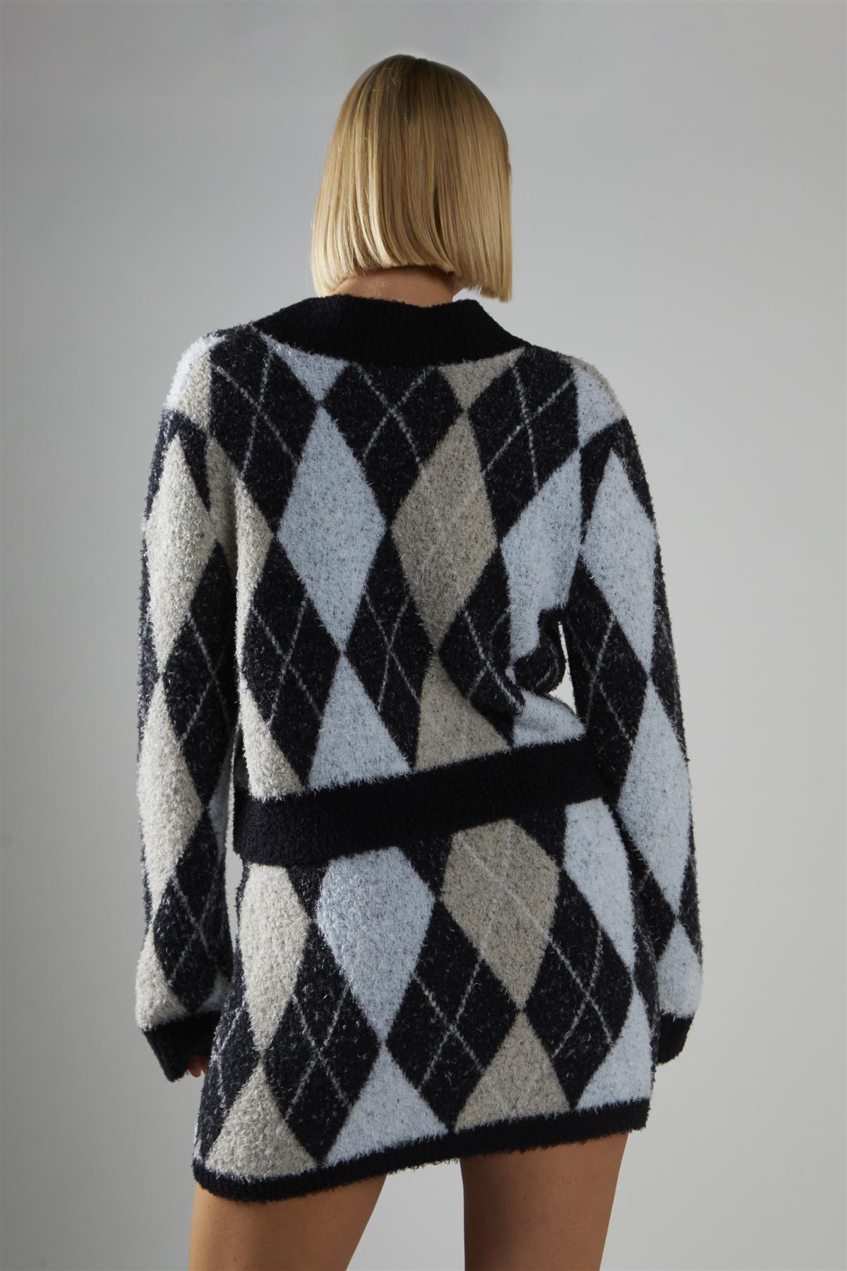 Black-Multi-Argyle Button-Down Cardigan