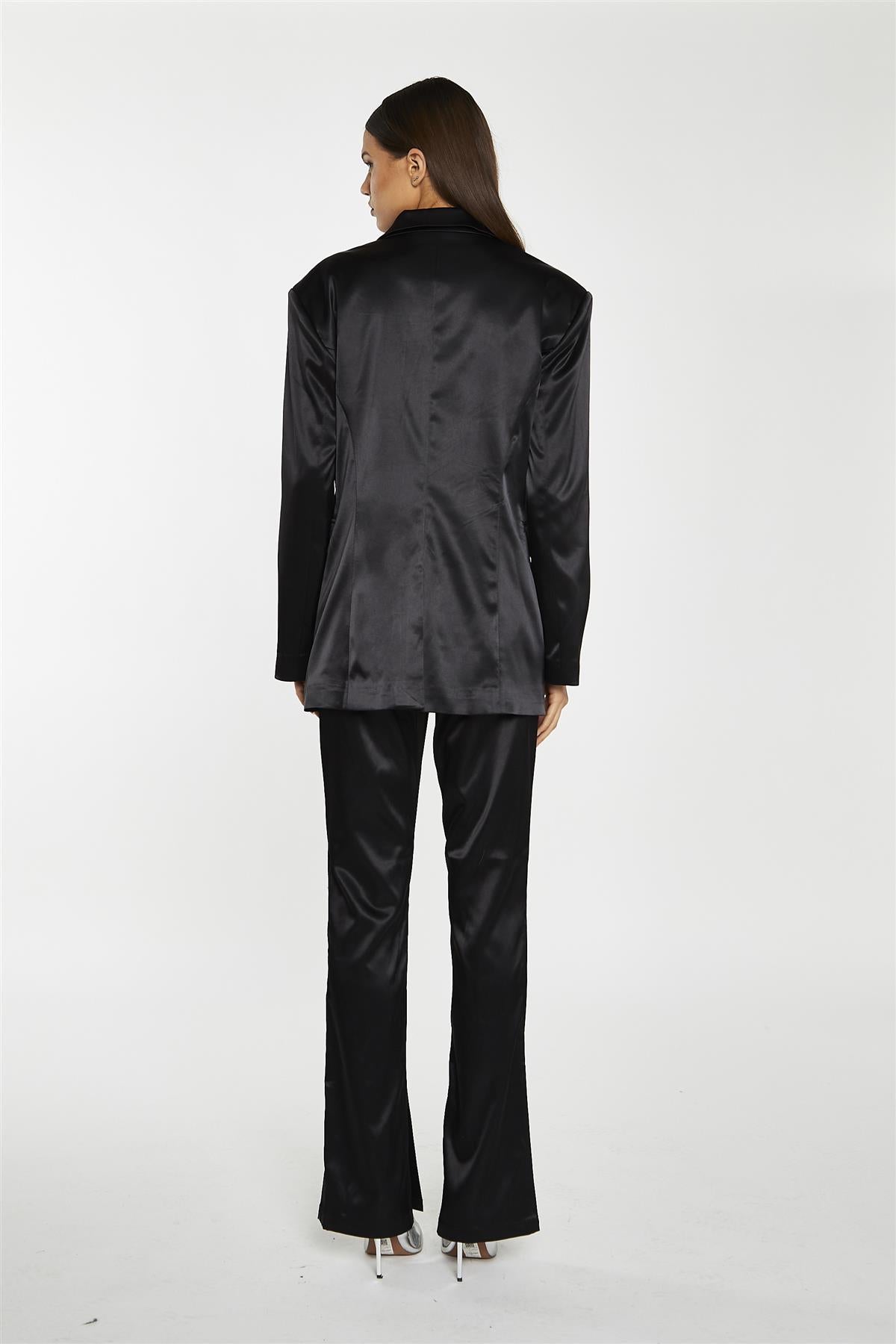 Black Satin High Waisted Wide Leg Trousers