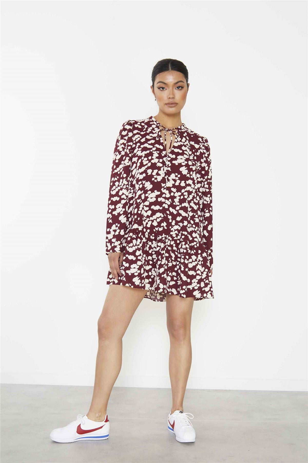 Burgundy Cream Abstract Mini Dress with Ruffle Hem and Long Sleeves