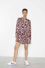 Burgundy Cream Abstract Mini Dress with Ruffle Hem and Long Sleeves