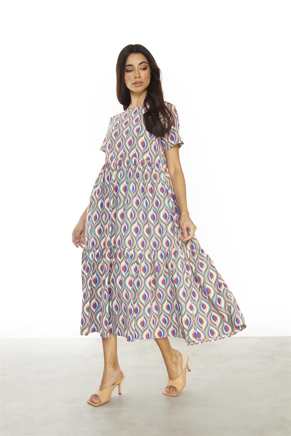 Multi-Geo-Swirl Round-Neck-Loose Midi-Dress