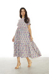Multi-Geo-Swirl Round-Neck-Loose Midi-Dress
