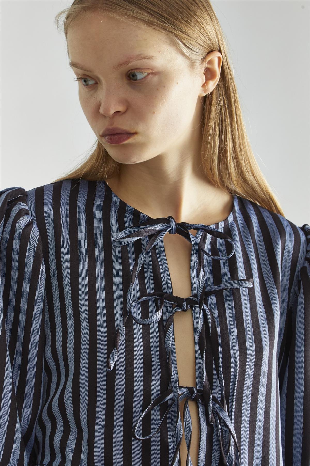 Blue-Black Stripe Tie-Front -Top