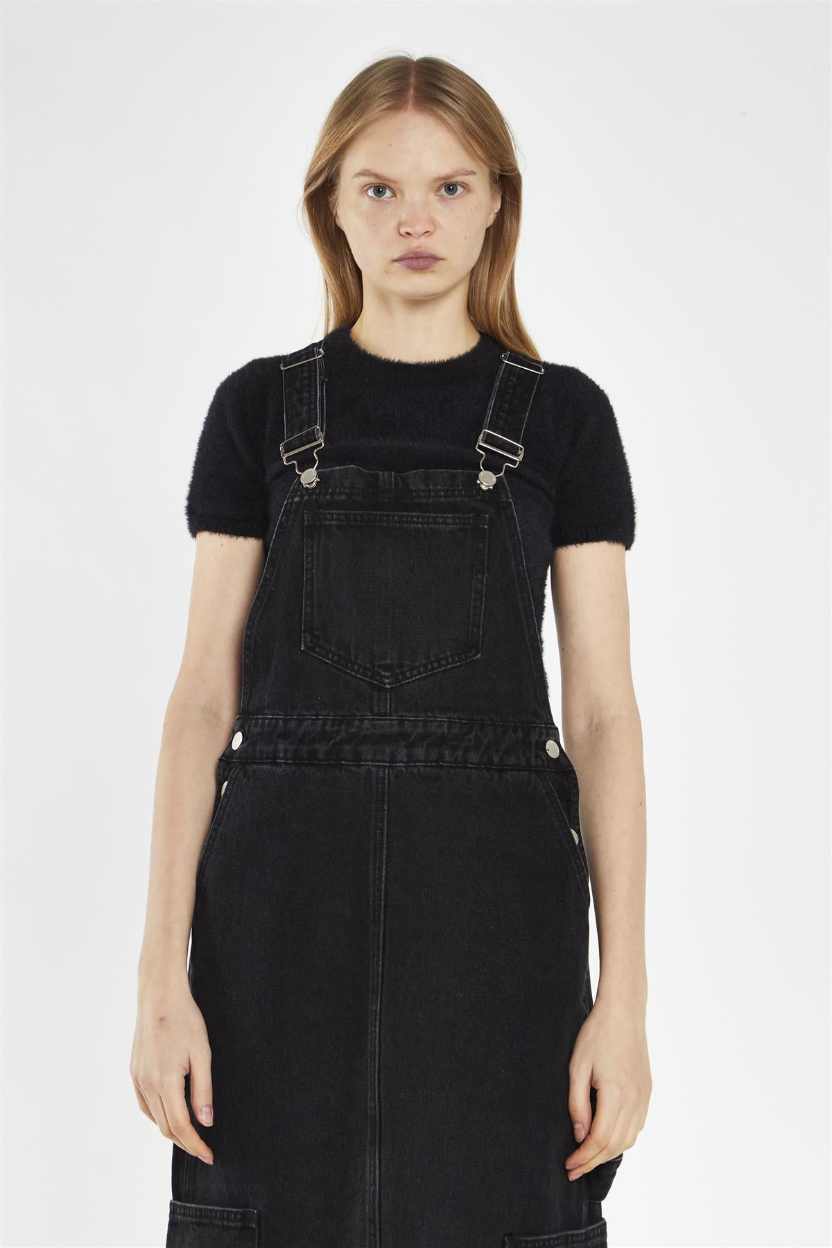 Washed-Black Denim Dungaree Midi-Dress