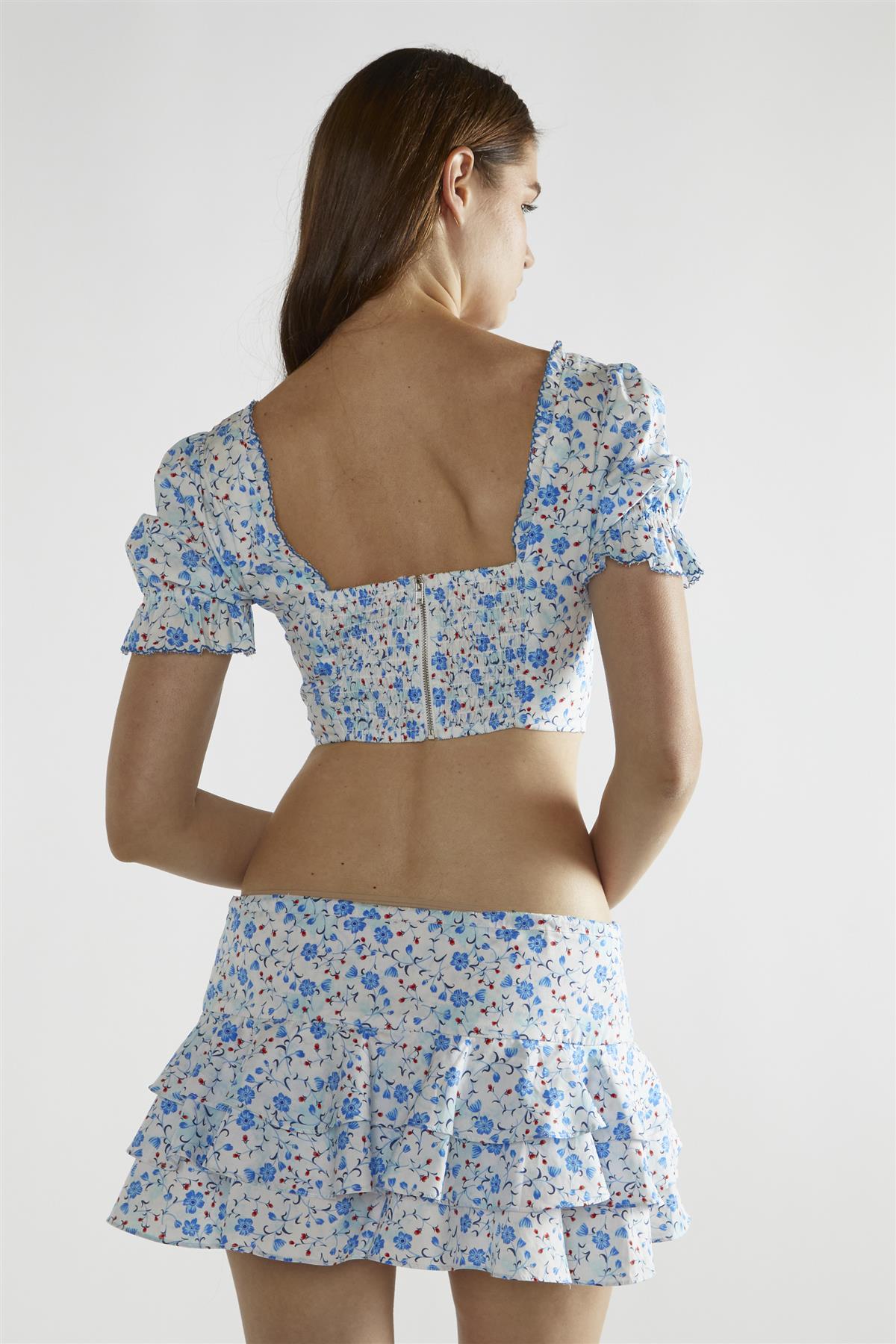 White-Blue-Floral Tiered-Scallop-Trim Mini-Skirt