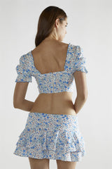White-Blue-Floral Tiered-Scallop-Trim Mini-Skirt