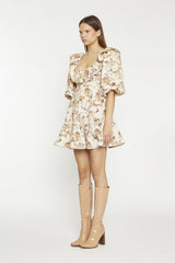 Tan-Multi-Blossom Ruffle-Neckline Mini-Dress