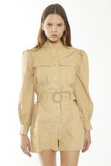 Beige-Sand Belted Long Puff Sleeve-Playsuit