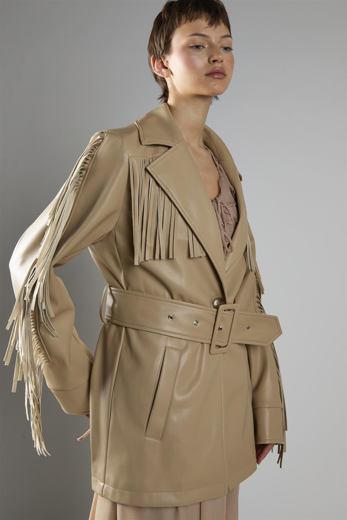 Sand Pu Belted Fringe Longline Jacket