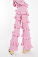 Candy Pink Asymmetric Ruffle Flared Trousers