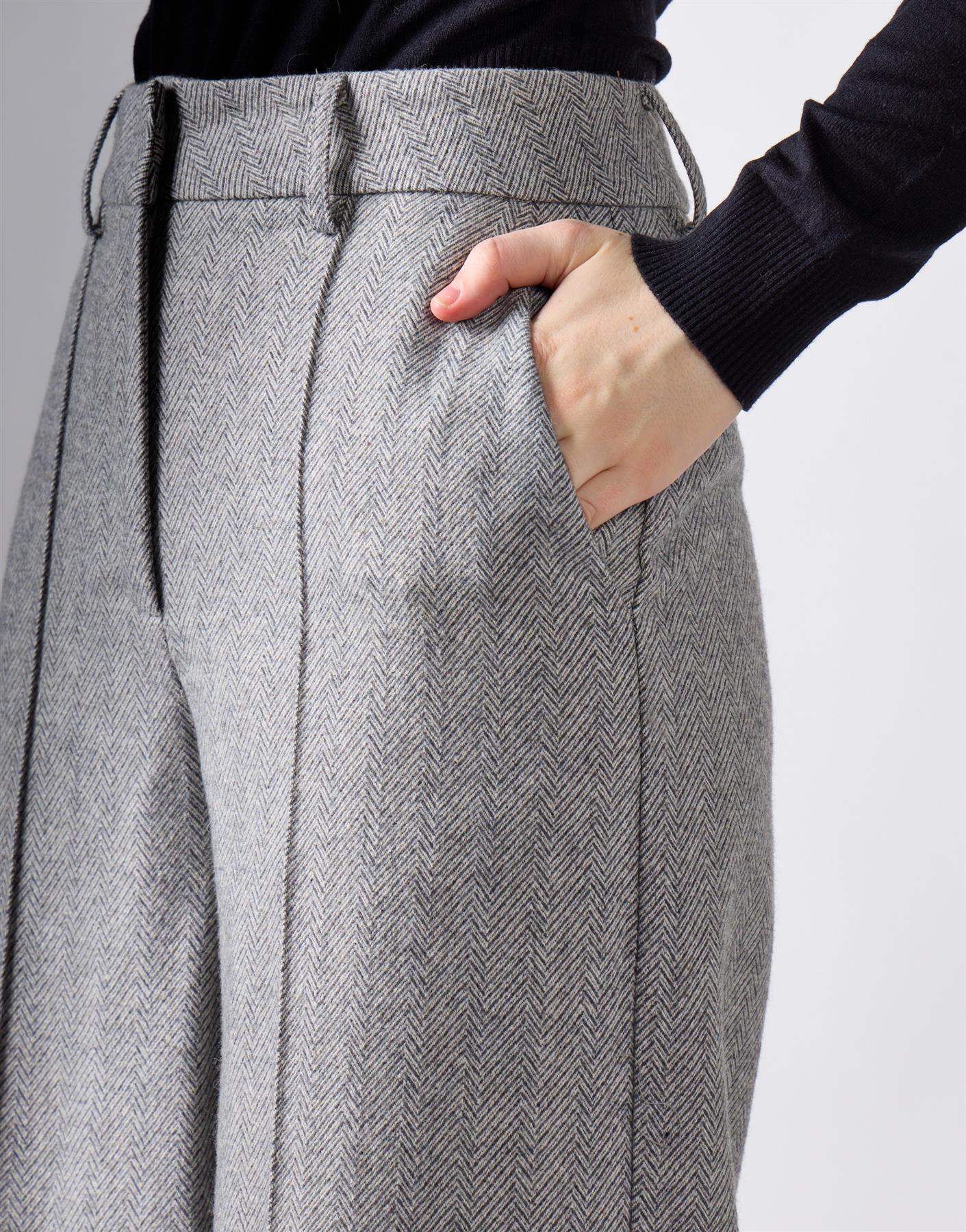 Grey Herringbone Wide Leg Suit Trousers