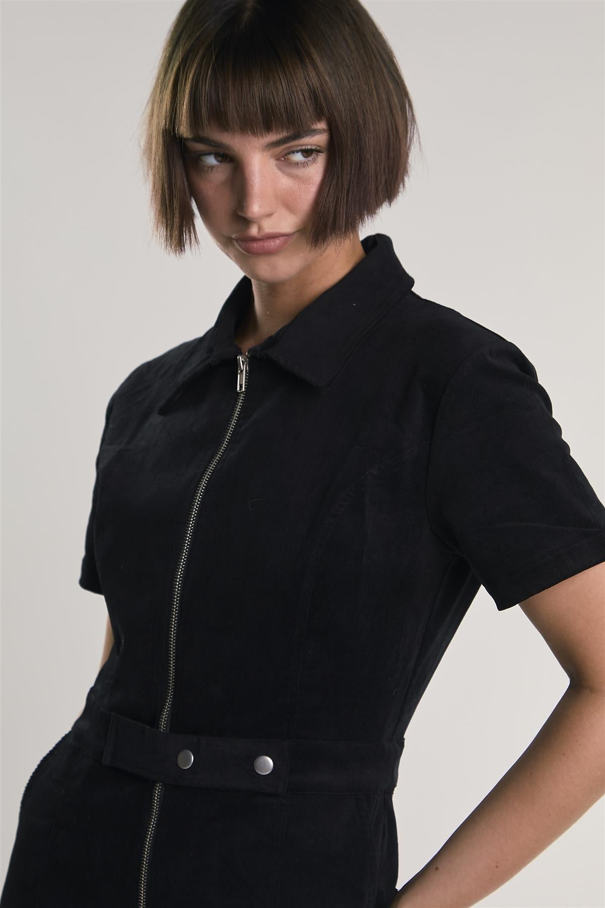 Black-Baby-Cord Belted Long-Jumpsuit