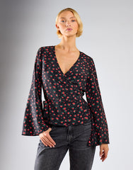 Black Red Roses Wrap Tie Waist Top