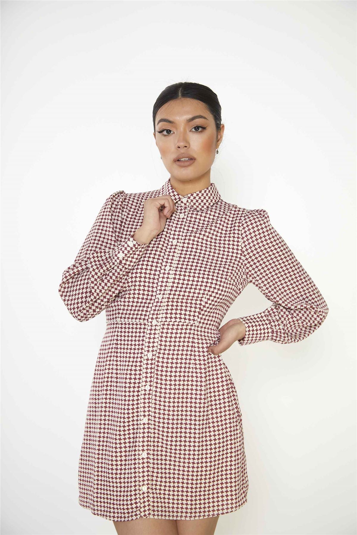 Burgundy Geometric Check Long Sleeve Mini Shirt Dress with Peter Pan Collar