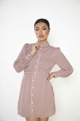 Burgundy Geometric Check Long Sleeve Mini Shirt Dress with Peter Pan Collar