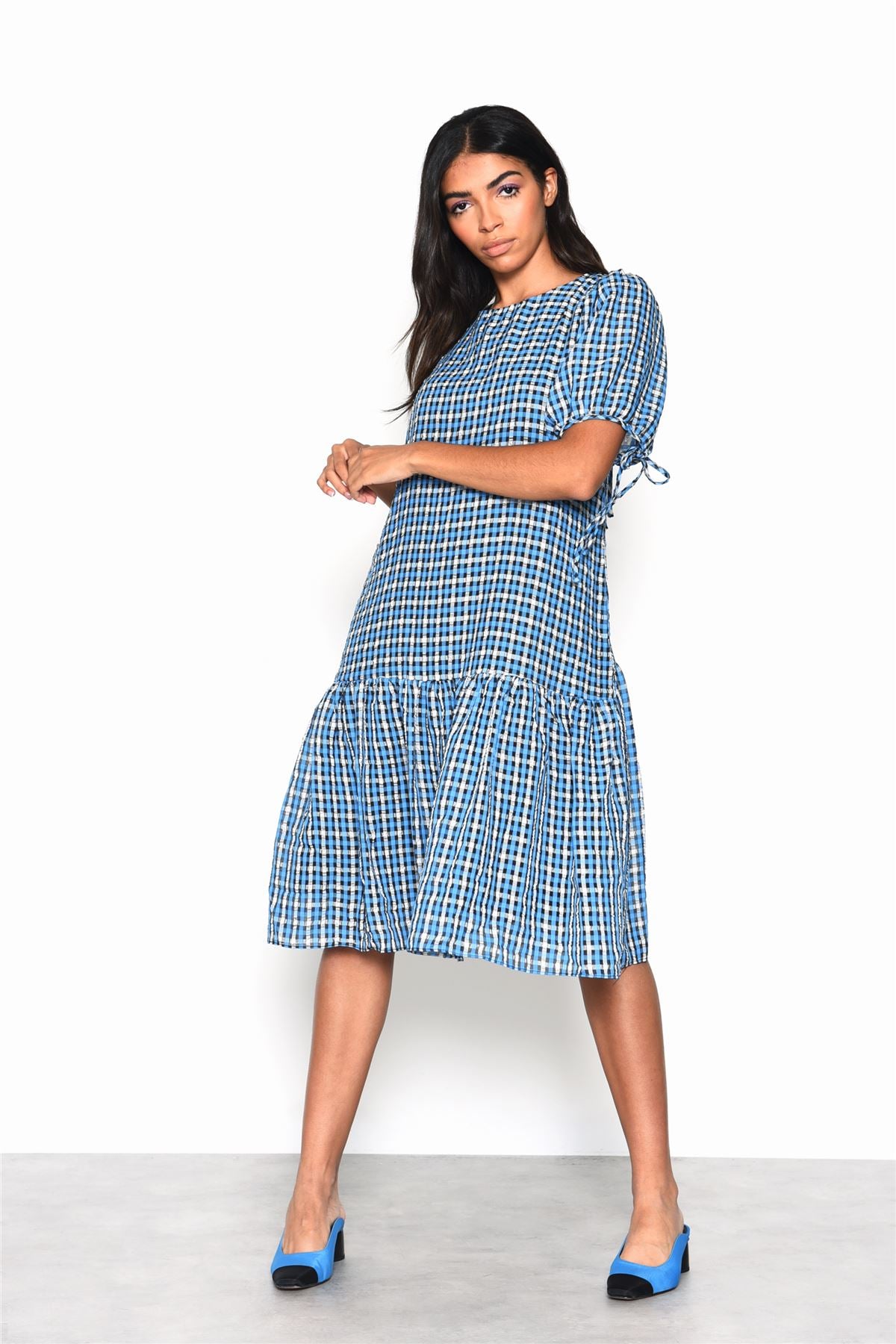 Blue Multi Check Tiered Midi Dress with Puff Sleeves and Tie Back Detail