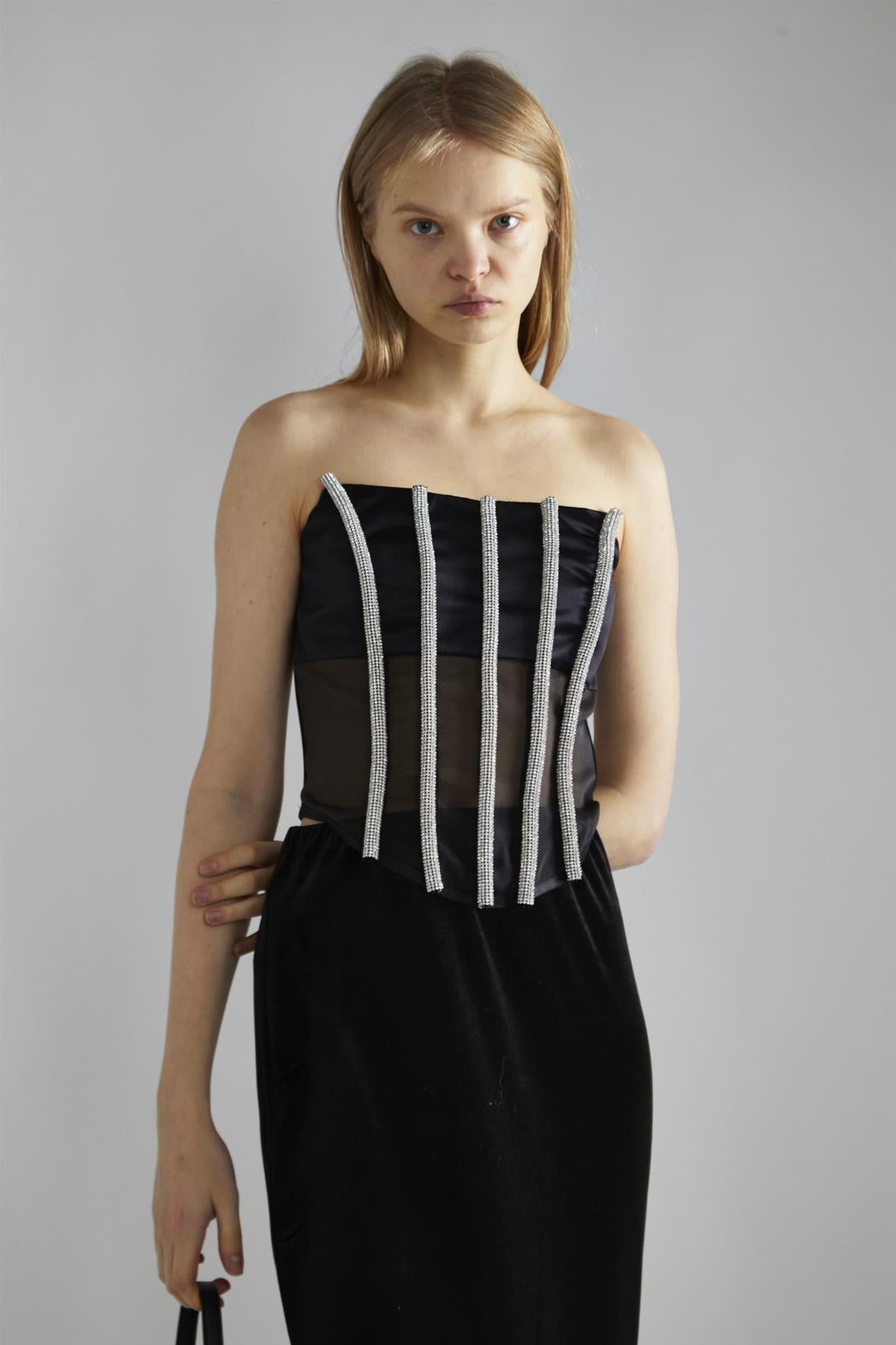 Black Rhinestone-Trim Corset Top