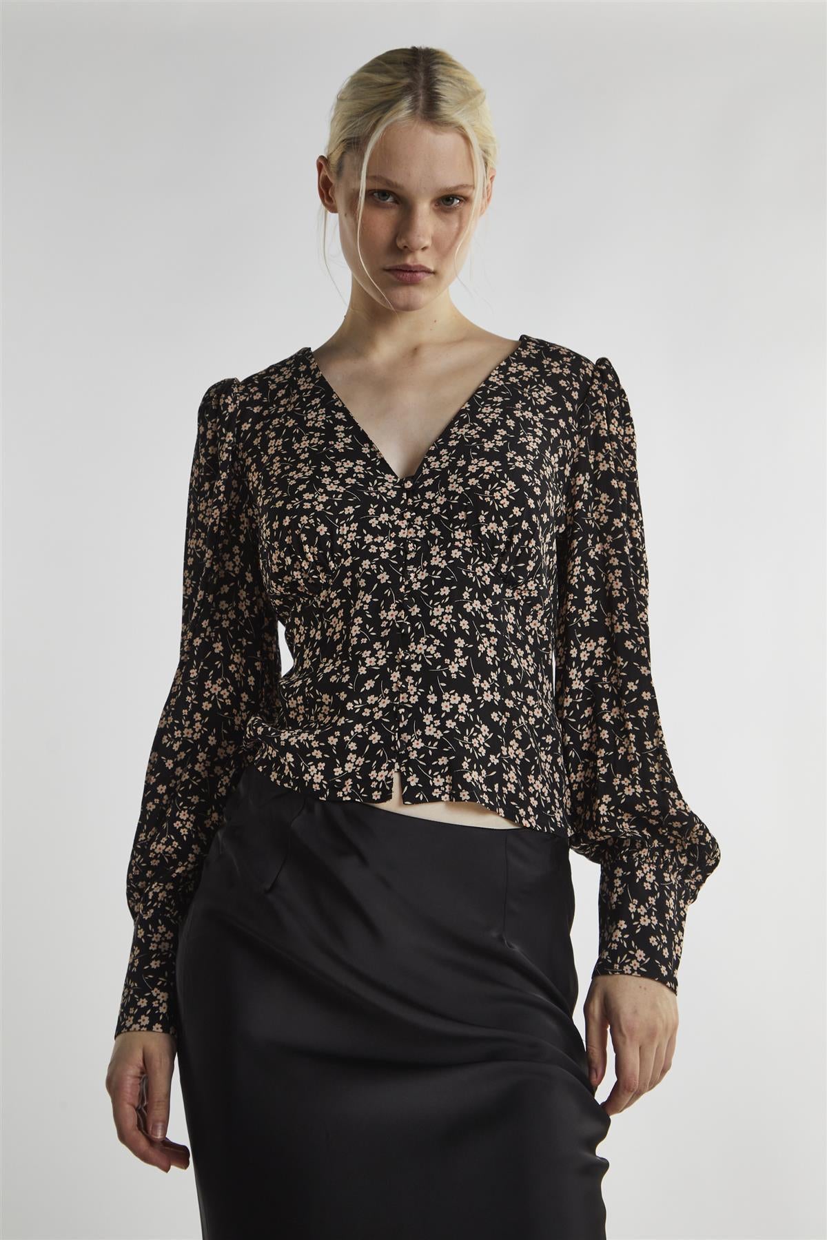 Black Stone Ditsy Button-Front-Top