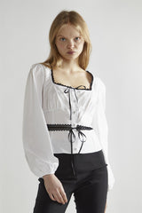 White-Black Square-Neck Long-Sleeve Top