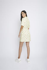 Botanical-Ditsy Cinched-Waist-Quarter-Zip Mini-Dress