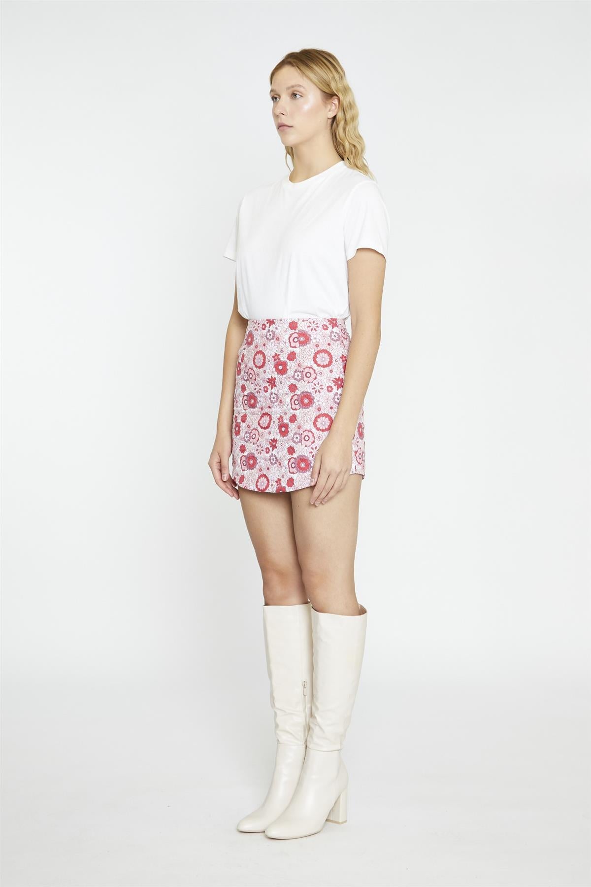 Pink Red Vintage Floral A-Line Mini-Skirt