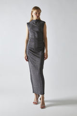 Black-Silver Glitter Ruched Midaxi-Dress