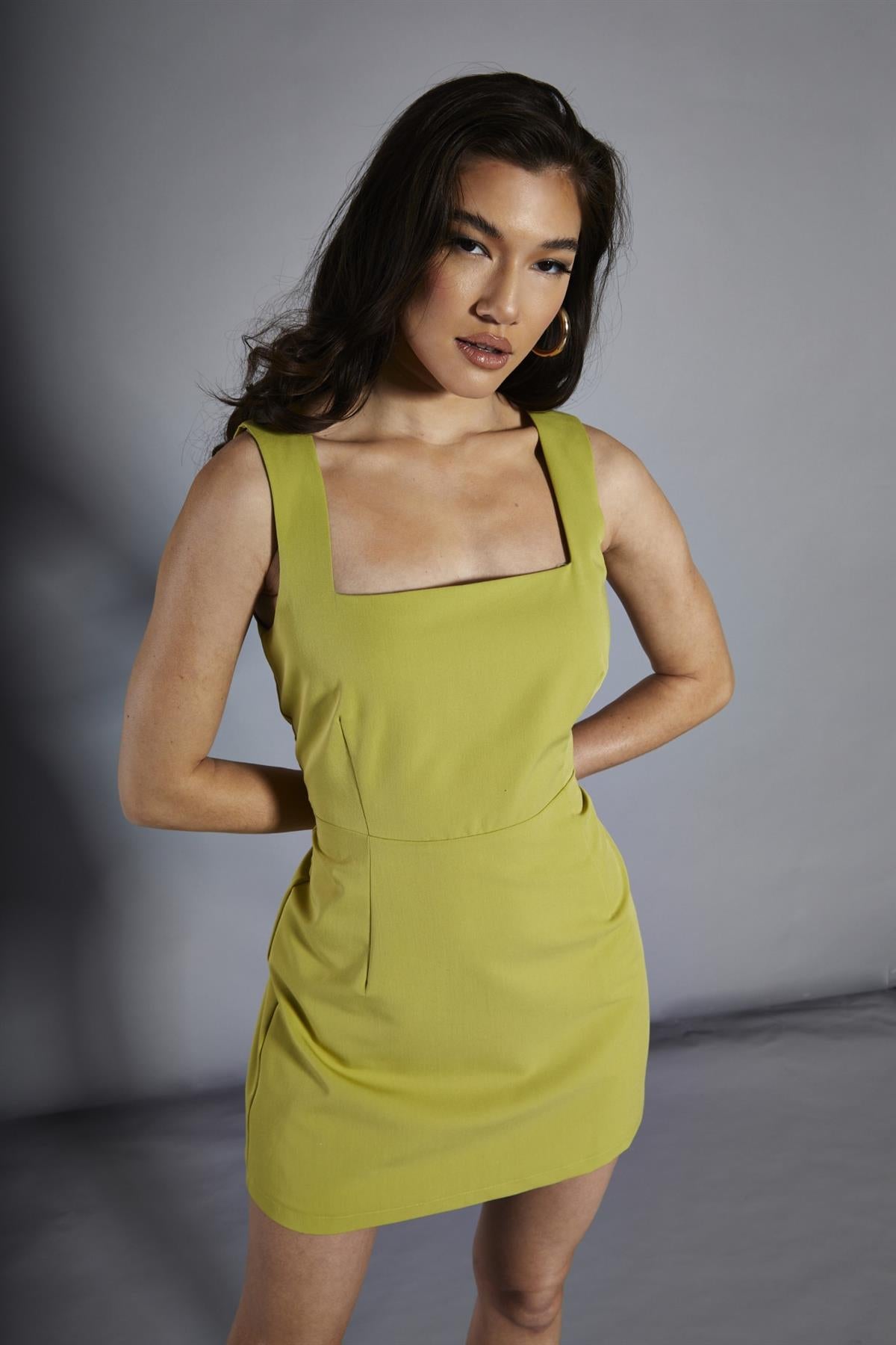 Chartreuse-Green Square-Neck Mini-Dress