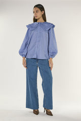 Pale Blue Check Statement Collar Blouse