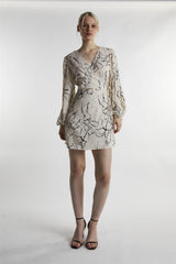 Stone-Sketch-Print Long-Sleeve-Wrap Mini-Dress