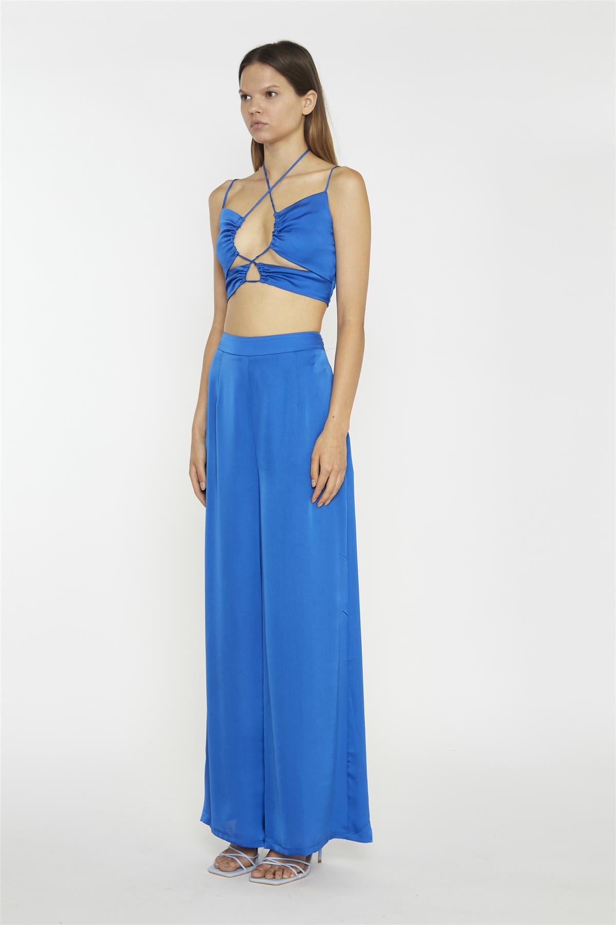 Wide Leg Trousers - Blue Sateen