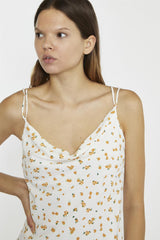 White Orange Ditsy Cowl Neck Mini-Dress