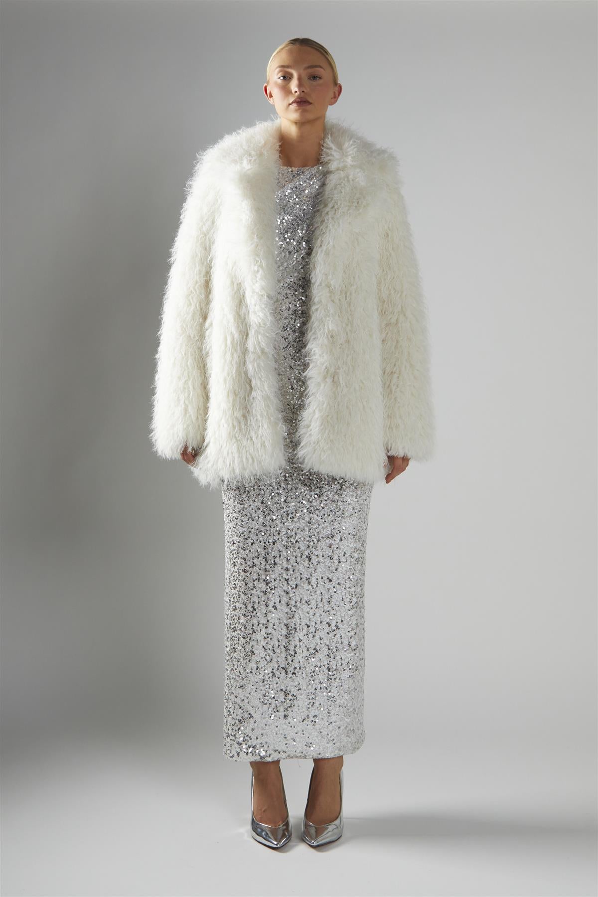 Cream Collared Faux Fur-Coat