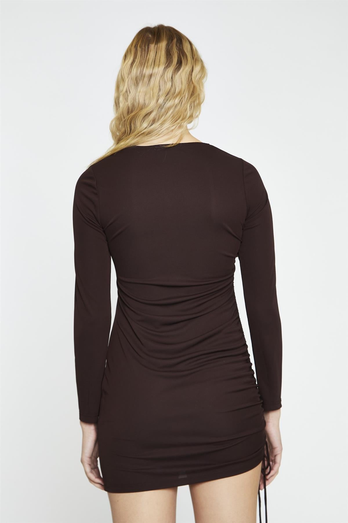 Dark Brown Ruched Bodycon Mini-Dress