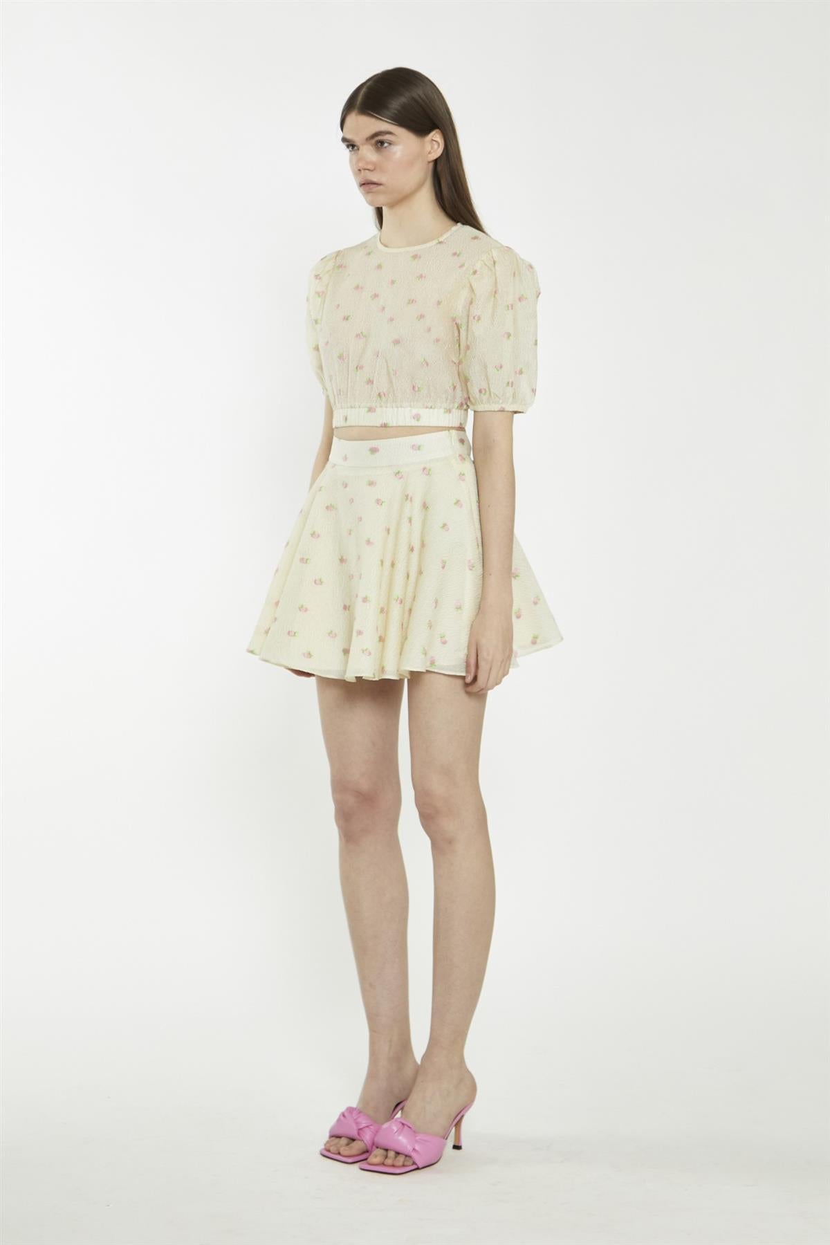 Yellow Pink Fruit Organza Puff Sleeve Crop Top