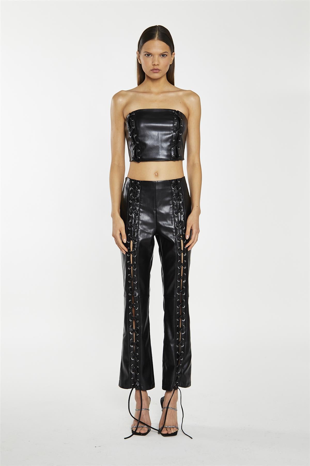Black PU Lace-Up-Trousers