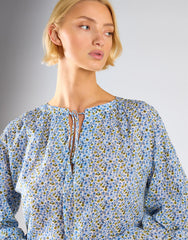 Blue Ditsy Floral Long Sleeve Frill Tiered Dress